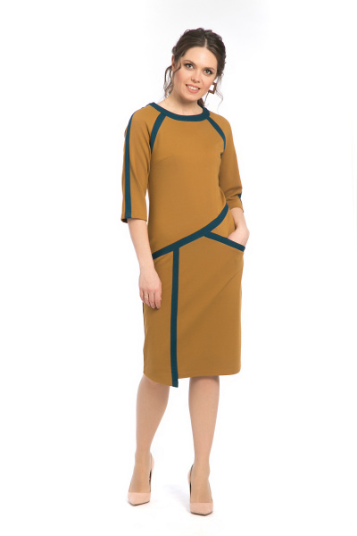 Платье горчичное с контрастными вставками П-538 